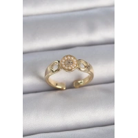 Pirinç Gold Renk Zirkon Taşlı İncili Kalp İşleme Detay Ayarlanabilir Kadın Yüzük