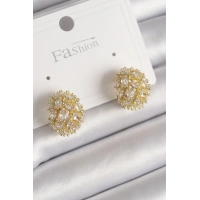 Pirinç Gold Renk Zirkon Taşlı Kadın Küpe