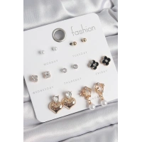 Pirinç Gold Renk Zirkon Taşlı Kalp Figür Siyah Yonca Detay 7 Çift Kadın Küpe Seti