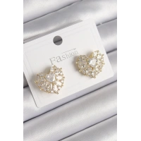 Pirinç Gold Renk Zirkon Taşlı Kalp Model Kadın Küpe