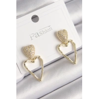 Pirinç Gold Renk Zirkon Taşlı Kalp Model Kadın Küpe