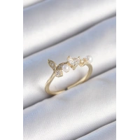 Pirinç Gold Renk Zirkon Taşlı Kalp Yaprak Model İnci Detay Kadın Yüzük