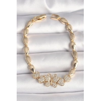 Pirinç Gold Renk Zirkon Taşlı Kelebek Figür Damla Zincir Model Kadın Bileklik