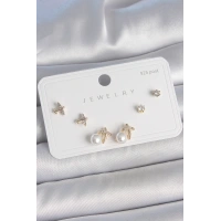 Pirinç Gold Renk Zirkon Taşlı Kelebek Model İnci Detay 925 Ayar Gümüş Çivi Kadın Küpe Seti