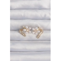 Pirinç Gold Renk Zirkon Taşlı Kıvrımlı İnci Çiçek Küpe