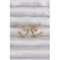 Pirinç Gold Renk Zirkon Taşlı Kıvrımlı Yarım Kalp Küpe