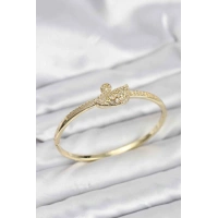Pirinç Gold Renk Zirkon Taşlı Kuğu Model Kadın Kelepçe Bileklik
