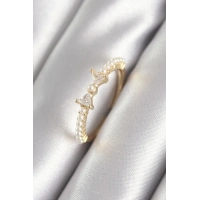 Pirinç Gold Renk Zirkon Taşlı Kurdele İnci Detay Kadın Yüzük