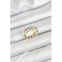 Pirinç Gold Renk Zirkon Taşlı Mavi Çiçekli Kadın Yüzük