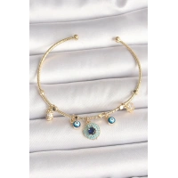 Pirinç Gold Renk Zirkon Taşlı Nazar Boncuk Detay Charm Kadın Bileklik