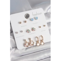 Pirinç Gold Renk Zirkon Taşlı Sallantı Halka Figür Kalp Detay 7 Çift Kadın Küpe