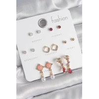 Pirinç Gold Renk Zirkon Taşlı Sallantı İnci Detay 7 Çift Kadın Küpe