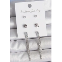 Pirinç Gold Renk Zirkon Taşlı Sallantılı Çiçek Detay 3 Çfit Kadın Küpe Seti