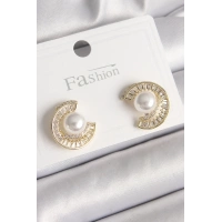 Pirinç Gold Renk Zirkon Taşlı Salyangoz Model İnci Detay Kadın Küpe