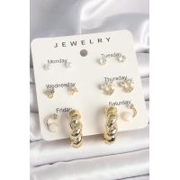 Pirinç Gold Renk Zirkon Taşlı Sarmal Halka Model 7Li Kadın Küpe Seti