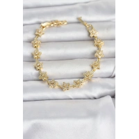 Pirinç Gold Renk Zirkon Taşlı Sıralı Yıldız Model Kadın Bileklik