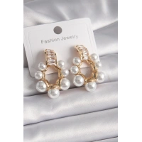 Pirinç Gold Renk Zirkon Taşlı Su Yolu İncili Halka Model Kadın Küpe