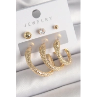 Pirinç Gold Renk Zirkon Taşlı Topçuk Detay Yılan Halka Model Kadın Küpe Seti