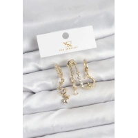 Pirinç Gold Renk Zirkon Taşlı Uzay Model YSX Trio Küpe Seti