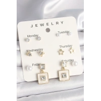 Pirinç Gold Renk Zirkon Taşlı Yıldız Figür Sallantı Beyaz Mineli Model 7Li Kadın Küpe Seti