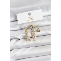 Pirinç Gold Renk Zirkon Taşlı Yıldız Vintage Model YSX Trio Küpe Seti
