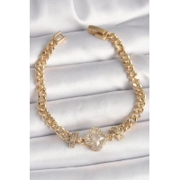 Pirinç Gold Renk Zirkon Taşlı Yonca Figür Zincir Model Kadın Bileklik