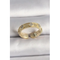 Pirinç Gold Renk Zirkon Taşlı Yonca İşlemeli Ayarlanabilir Yüzük