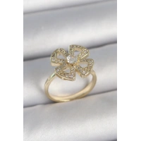 Pirinç Gold Renk Zirkon Taşlı Yonca Model Ayarlanabilir Kadın Yüzük