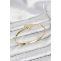 Pirinç Gold Renk Zirkon Taşlı Yonca Model Kadın Kelepçe Bileklik