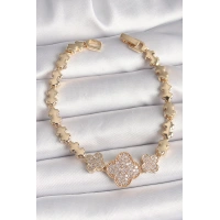 Pirinç Gold Renk Zirkon Taşlı Yonca Model Zincir Kadın Bileklik