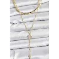 Pirinç Gold Renk Zirkon Taşlı Yoncalı Model Detaylı 3lü Kombin Y Kadın Kolye