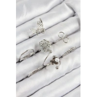 Pirinç Gül Kelebek Model Gümüş Renk Kadın Yüzük Kombin Set