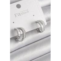 Pirinç Gümüş Renk 2Li Zirkon Taşlı Halka Model Kadın Küpe