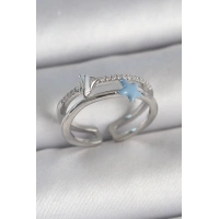 Pirinç Gümüş Renk 2Li Zirkon Taşlı Mavi Yıldız Figür Ayarlanabilir Kadın Yüzük