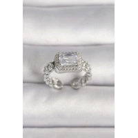 Pirinç Gümüş Renk Ayarlanabilir Zincir Kare Zirkon Taşlı Kadın Yüzük