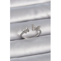 Pirinç Gümüş Renk Ayarlanabilir Zirkon Taşlı Kelebek Model Kadın Yüzük