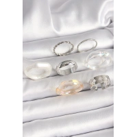 Pirinç Gümüş Renk Beyaz Akrilik Plastik Model Kutup Yıldız İşleme Detaylı Kadın Yüzük Kombini