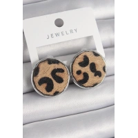 Pirinç Gümüş Renk Daire Plaka Model Leopar Desenli Kadın Küpe