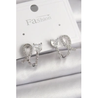 Pirinç Gümüş Renk Düğüm Model Zirkon Taşlı Kalp Detay Kadın Küpe