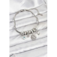 Pirinç Gümüş Renk Güneş Charmlı Kadın Bileklik