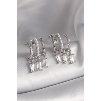 Pirinç Gümüş Renk İnci Detay Sallantı Zirkon Taşlı Kadın Küpe