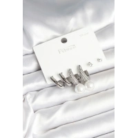 Pirinç Gümüş Renk İncili 925 Ayar Gümüş Çivi Kadın Küpe Seti