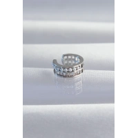 Pirinç Gümüş Renk İncili Baget Taşlı Earcuff Küpe