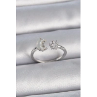 Pirinç Gümüş Renk İncili Hilal Zirkon Taşlı Yıldız Ayarlanabilir Kadın Yüzük