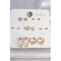 Pirinç Gümüş Renk İncili Kalp Figür Kurdela Detay 7 Çift Kadın Küpe Seti