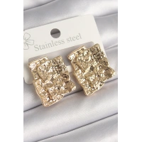 Pirinç Gümüş Renk İşlemeli Kare Plaka Model Kadın Küpe