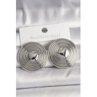 Pirinç Gümüş Renk Kalp İşlemeli Daire Plaka Model Kadın Küpe