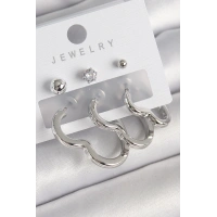 Pirinç Gümüş Renk Kalp Model Zirkon Taş Topçuk Detay Kadın Küpe Seti