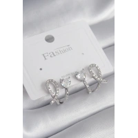 Pirinç Gümüş Renk Kalp Model Zirkon Taşlı Kadın Küpe