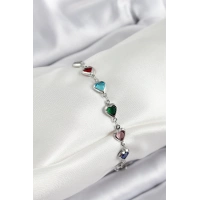 Pirinç Gümüş Renk Karışık Renk Kalp Zirkon Taşlı Kadın Bileklik